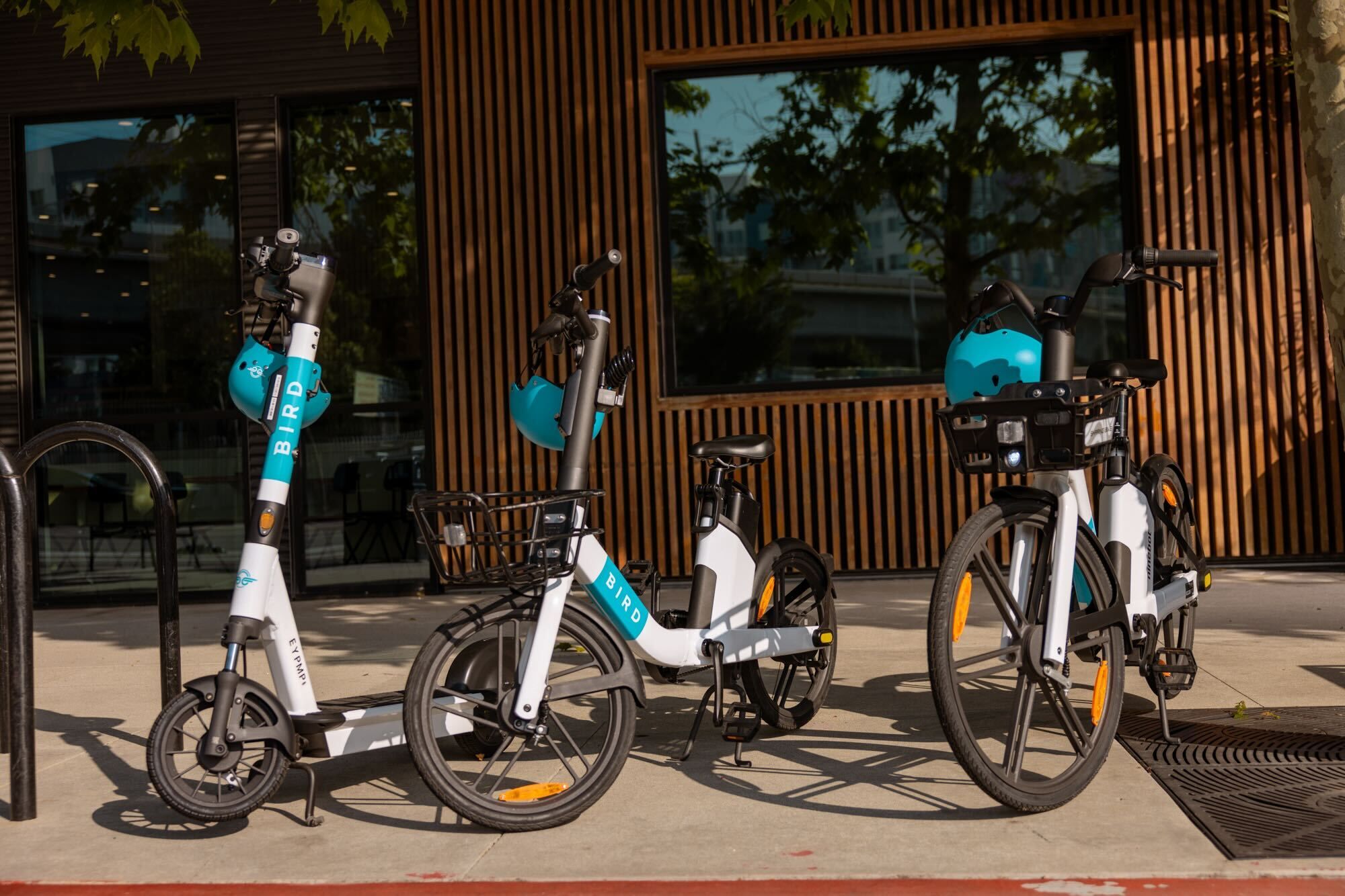 Bird e-bikes and scooters parked outside a modern building