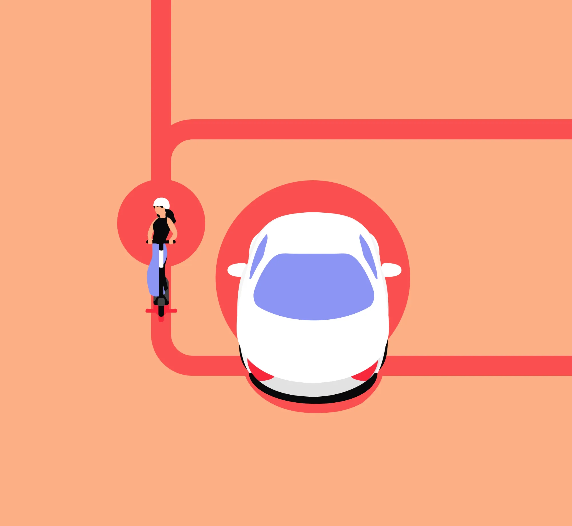 Ilustración en vista cenital de un coche y un ciclista que se acercan al mismo cruce.