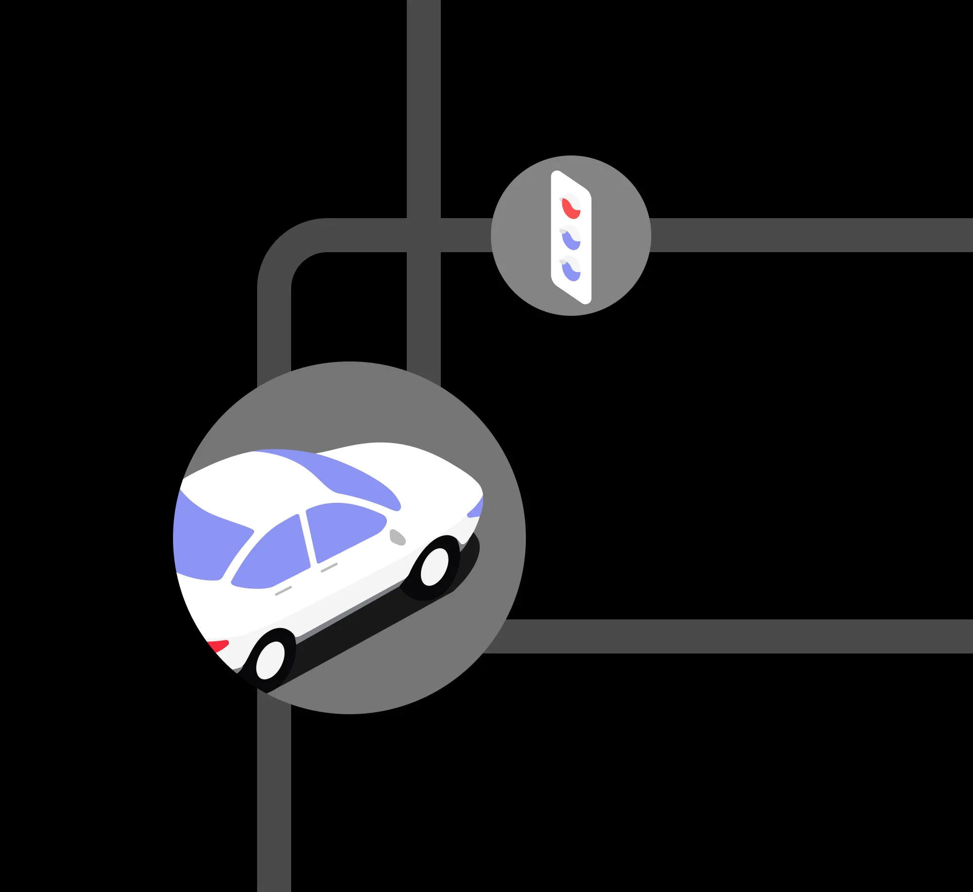 Ilustración de un coche que circula por una calle hacia un semáforo en un cruce.